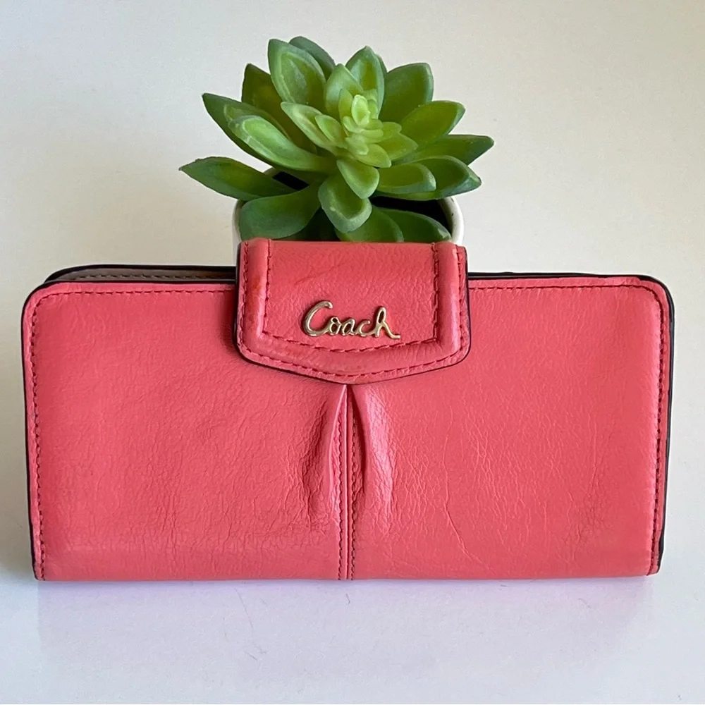 Coach Ashley Salmon Coral Pink Leather Signature Wallet